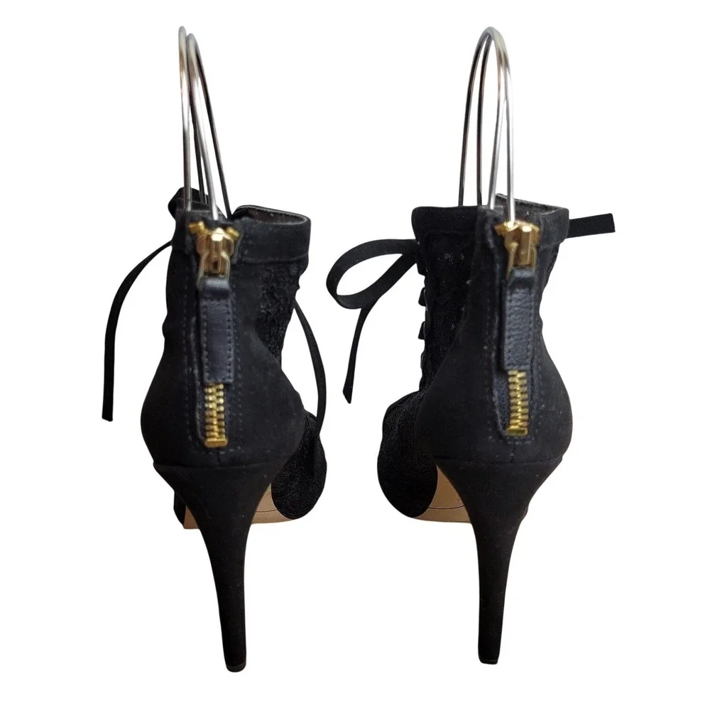 Nine West Enetta Black Lace High Heels Women's 7.5 Peep Toe Zip Boho Whimsigoth.